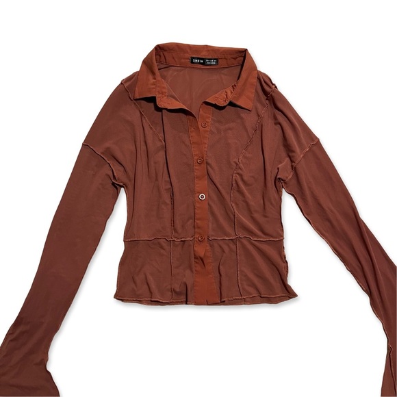 Rust Mesh button up long sleeve collared top | S | NEW never worn mint condition - Picture 1 of 3